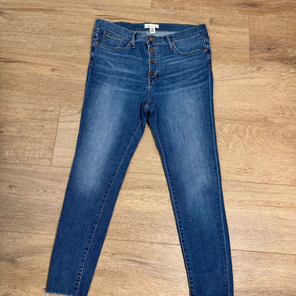 Madewell 9" Mid-Rise Skinny Jeans in Blue Wash with Button-Front Fly and Raw Hem